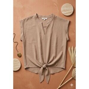 Women’s Beige Blouse,Cropped, Tie Knot Front,Size M,Coquette,Minimalist,Scandi